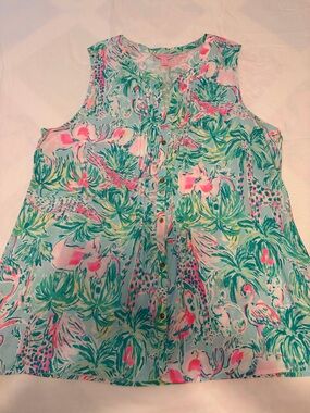 Lilly Pulitzer Aqua Tropical Print Sleeveless Camisole with Pink Accents